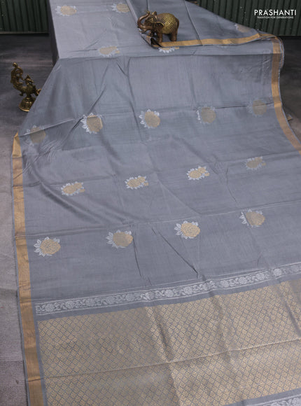 Banana silk saree grey with silver & zari woven buttas and zari woven border