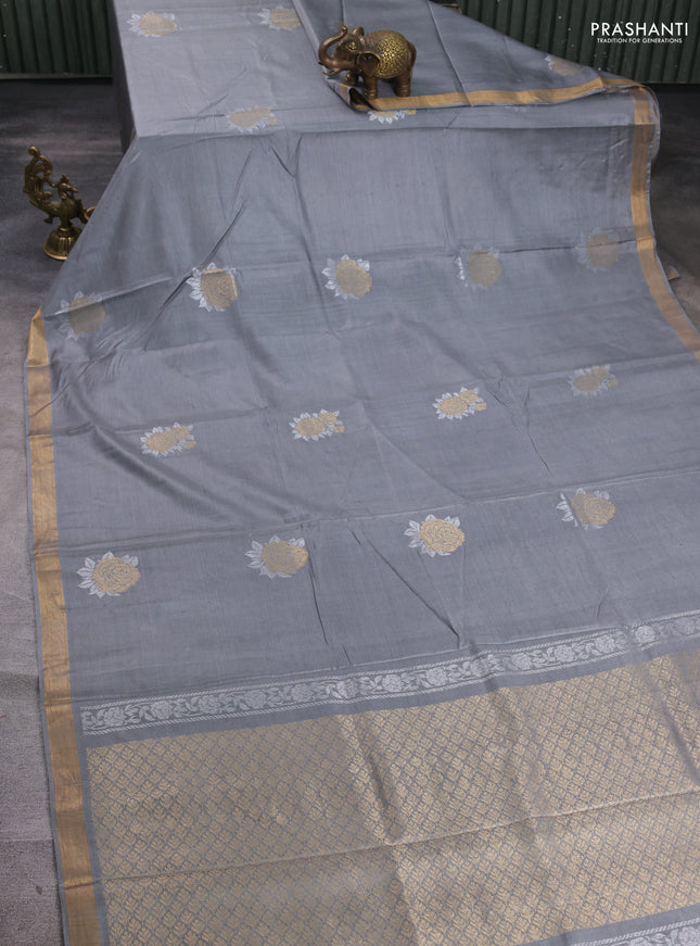 Banana silk saree grey with silver & zari woven buttas and zari woven border
