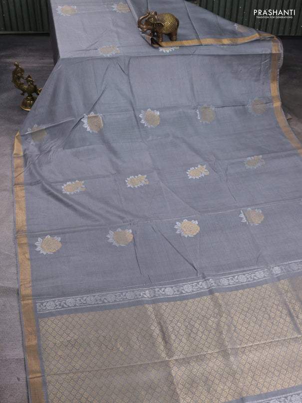 Banana silk saree grey with silver & zari woven buttas and zari woven border