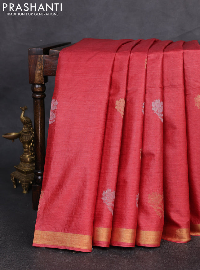 Banana silk saree maroon with silver & gold zari woven buttas and zari woven border