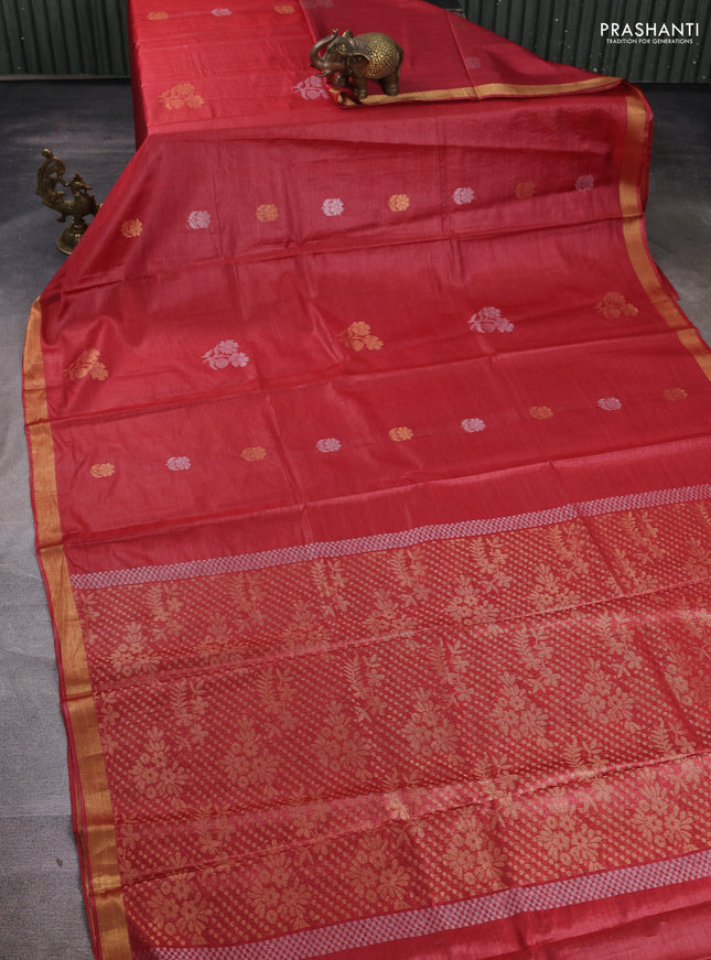 Banana silk saree maroon with silver & gold zari woven buttas and zari woven border