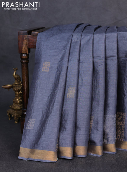 Banana silk saree dark grey with silver & gold zari woven buttas and zari woven border