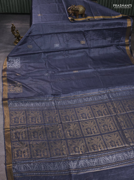 Banana silk saree dark grey with silver & gold zari woven buttas and zari woven border