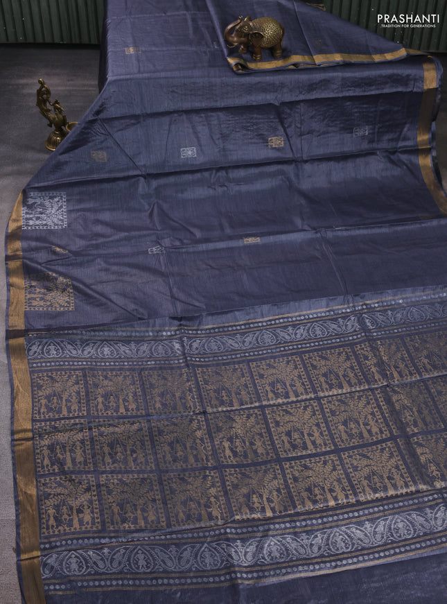 Banana silk saree dark grey with silver & gold zari woven buttas and zari woven border