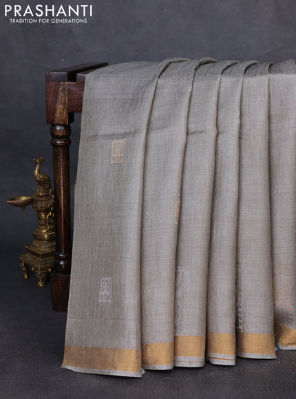 Banana silk saree grey with silver & gold zari woven buttas and zari woven border
