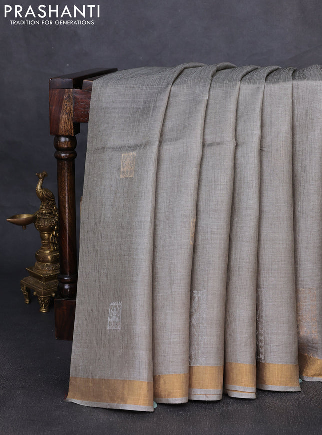 Banana silk saree grey with silver & gold zari woven buttas and zari woven border