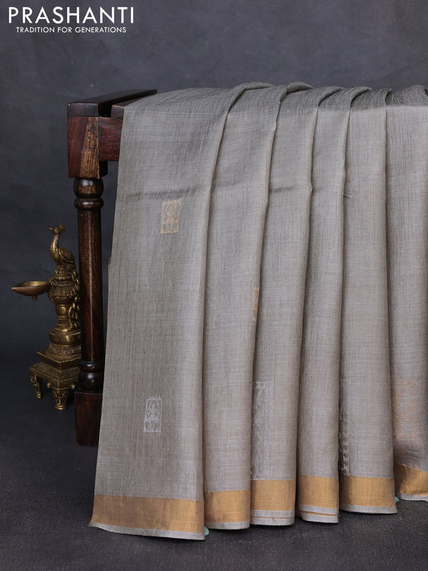 Banana silk saree grey with silver & gold zari woven buttas and zari woven border