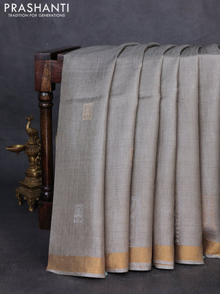 Banana silk saree grey with silver & gold zari woven buttas and zari woven border