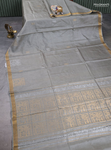 Banana silk saree grey with silver & gold zari woven buttas and zari woven border