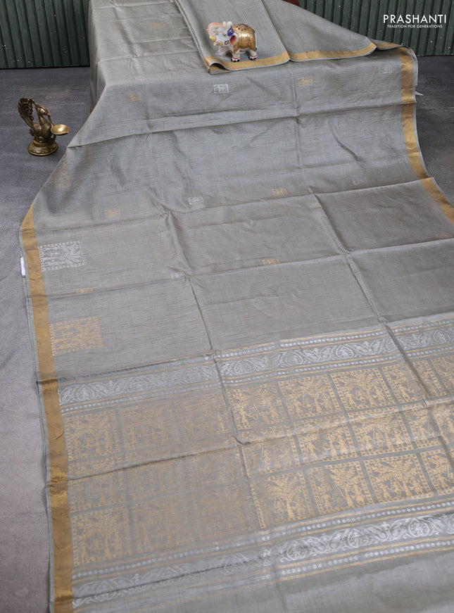Banana silk saree grey with silver & gold zari woven buttas and zari woven border