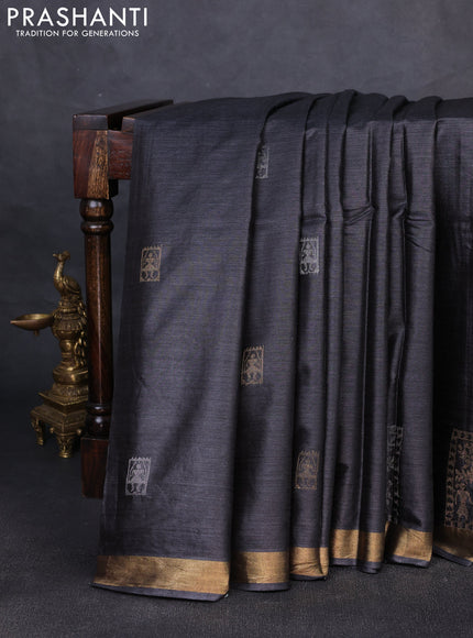 Banana silk saree black with silver & gold zari woven buttas and zari woven border