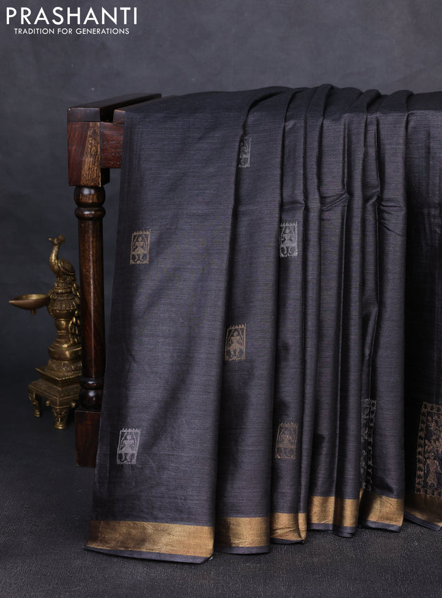 Banana silk saree black with silver & gold zari woven buttas and zari woven border