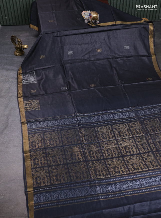 Banana silk saree black with silver & gold zari woven buttas and zari woven border