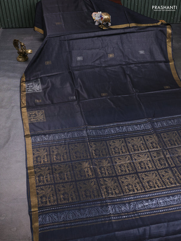 Banana silk saree black with silver & gold zari woven buttas and zari woven border