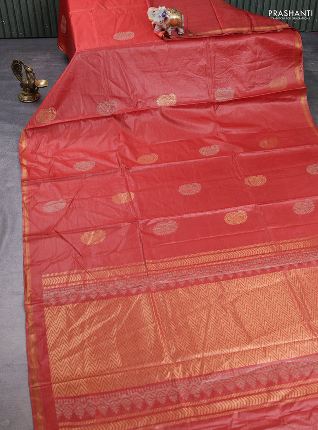 Banana silk saree rust shade with thread & zari woven paisley buttas and zari woven border