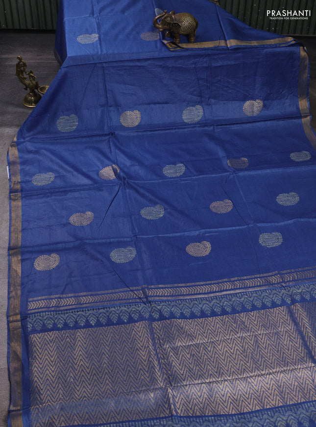 Banana silk saree blue with thread & zari woven paisley buttas and zari woven border