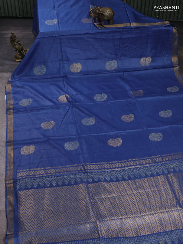 Banana silk saree blue with thread & zari woven paisley buttas and zari woven border