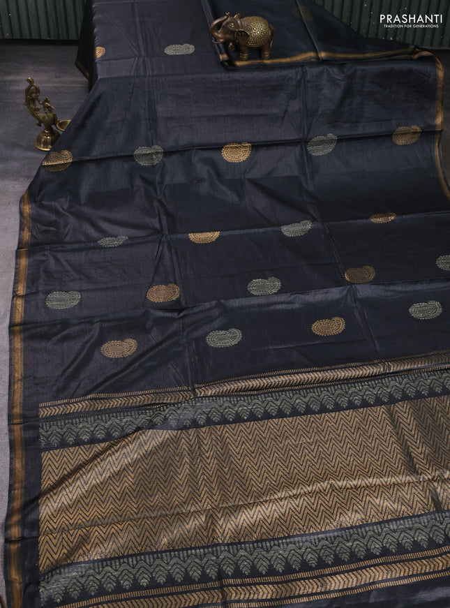 Banana silk saree black with thread & zari woven paisley buttas and zari woven border