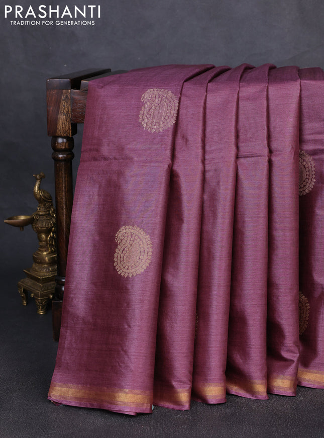 Banana silk saree wine shade with thread & zari woven paisley buttas and zari woven border