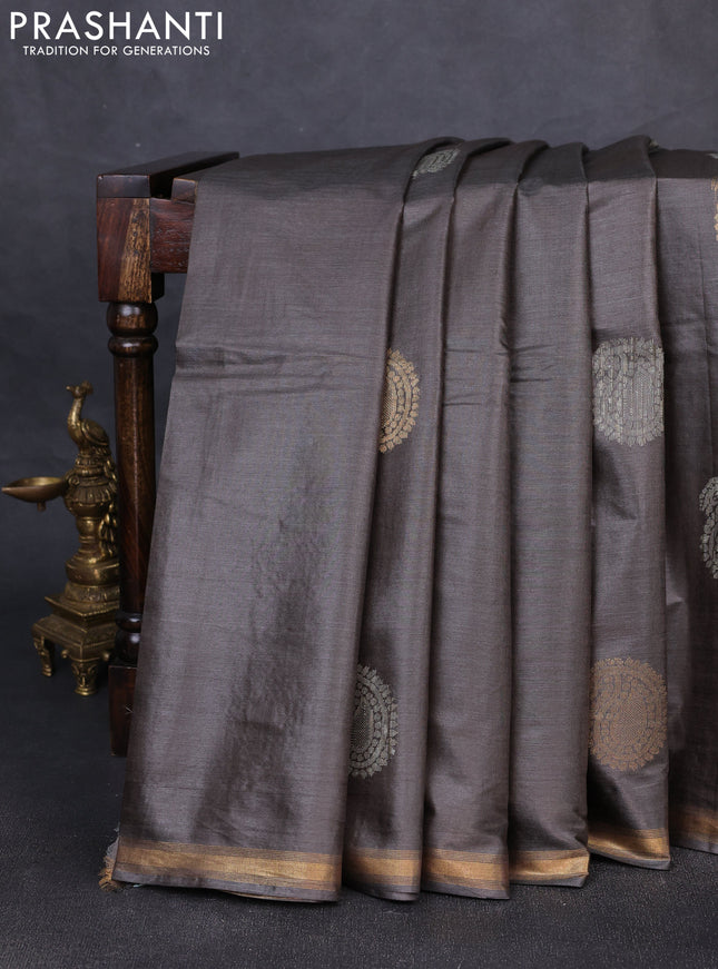 Banana silk saree datk grey with thread & zari woven paisley buttas and zari woven border