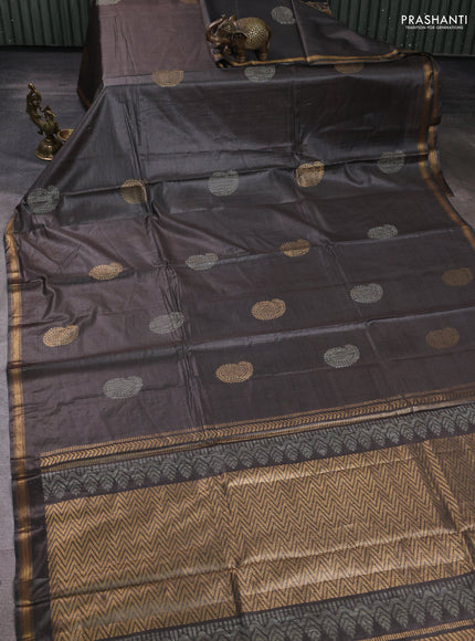 Banana silk saree datk grey with thread & zari woven paisley buttas and zari woven border