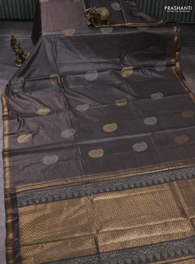 Banana silk saree datk grey with thread & zari woven paisley buttas and zari woven border
