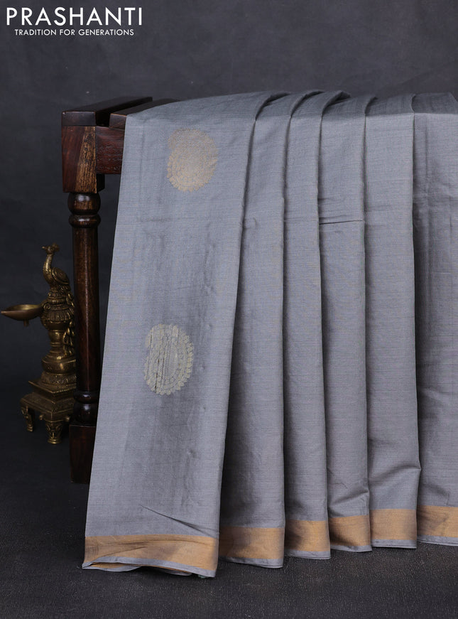 Banana silk saree grey with thread & zari woven paisley buttas and zari woven border