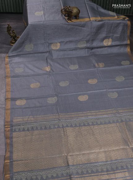 Banana silk saree grey with thread & zari woven paisley buttas and zari woven border