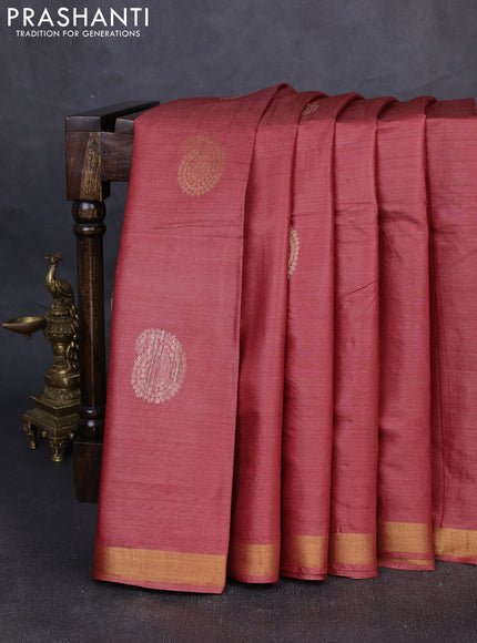 Banana silk saree dark peach with thread & zari woven paisley buttas and zari woven border