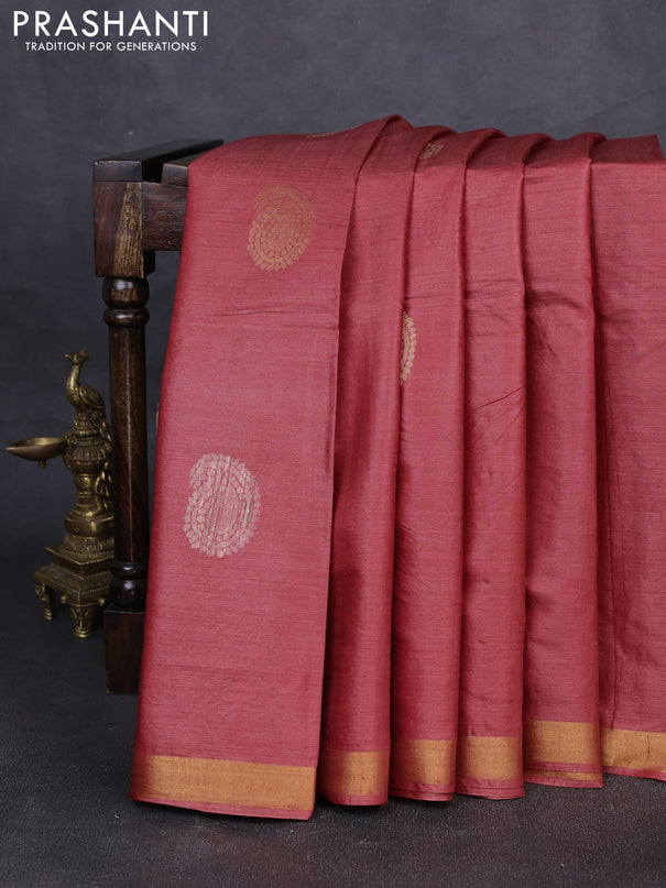 Banana silk saree dark peach with thread & zari woven paisley buttas and zari woven border