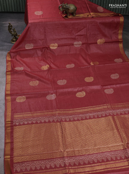 Banana silk saree dark peach with thread & zari woven paisley buttas and zari woven border