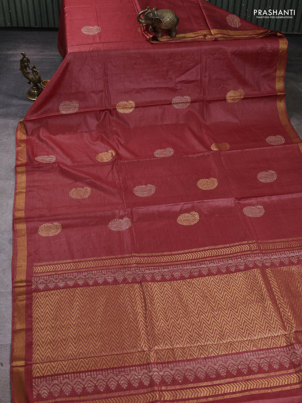 Banana silk saree dark peach with thread & zari woven paisley buttas and zari woven border
