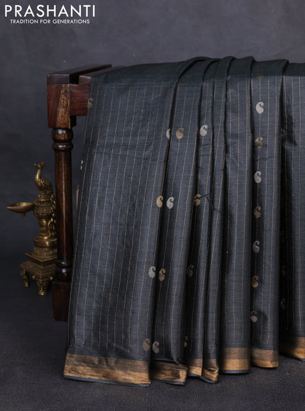 Banana silk saree elephant grey with allover silver & gold zari weaves and zari woven border