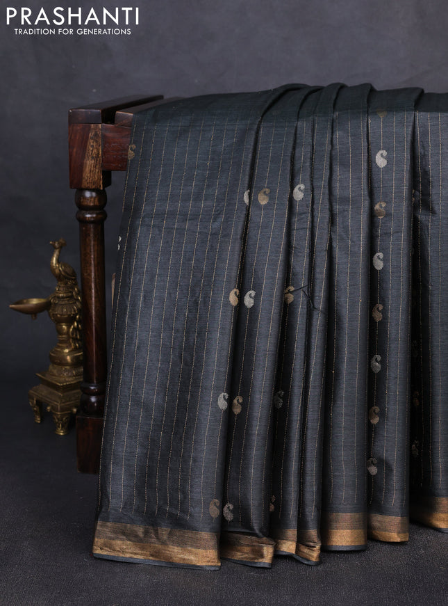 Banana silk saree elephant grey with allover silver & gold zari weaves and zari woven border