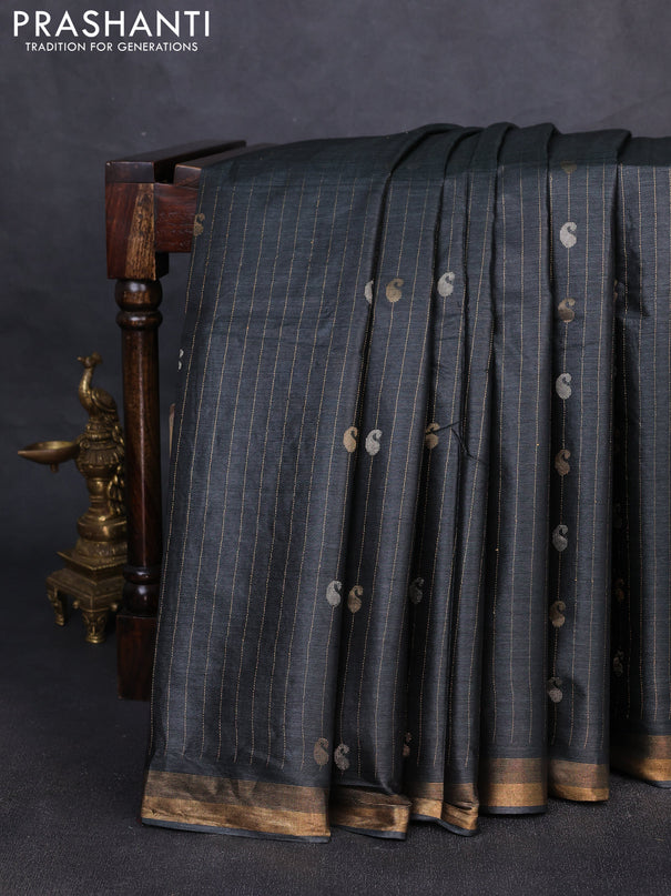 Banana silk saree elephant grey with allover silver & gold zari weaves and zari woven border