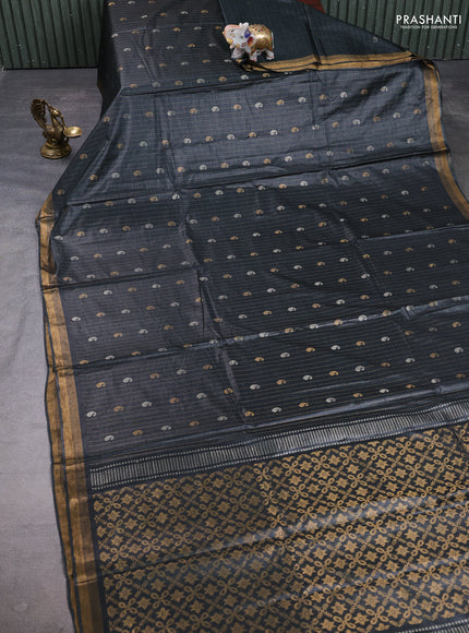 Banana silk saree elephant grey with allover silver & gold zari weaves and zari woven border