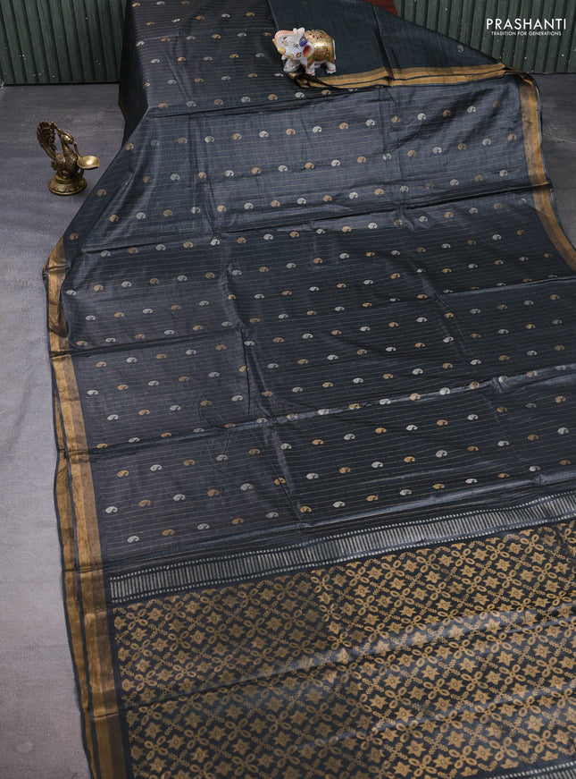 Banana silk saree elephant grey with allover silver & gold zari weaves and zari woven border
