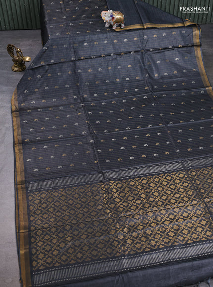 Banana silk saree black with allover silver & gold zari weaves and zari woven border