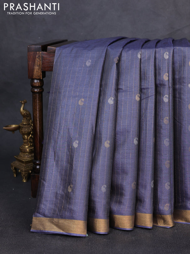 Banana silk saree bluish grey with allover silver & gold zari weaves and zari woven border