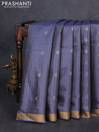 Banana silk saree bluish grey with allover silver & gold zari weaves and zari woven border