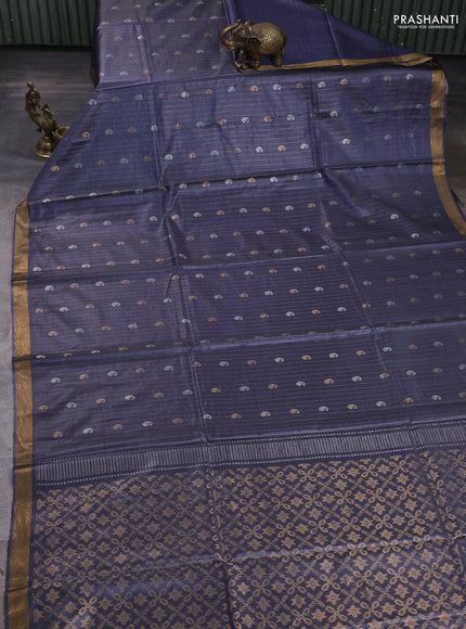 Banana silk saree bluish grey with allover silver & gold zari weaves and zari woven border