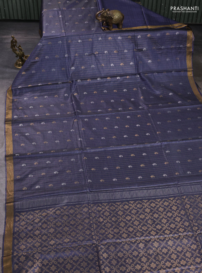 Banana silk saree bluish grey with allover silver & gold zari weaves and zari woven border