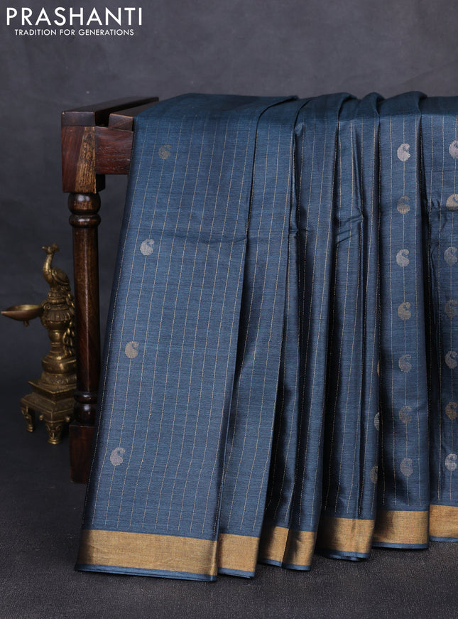 Banana silk saree peacock blue with allover silver & gold zari weaves and zari woven border