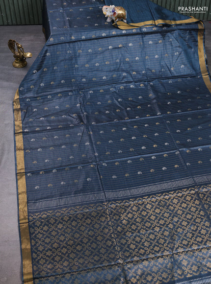 Banana silk saree peacock blue with allover silver & gold zari weaves and zari woven border