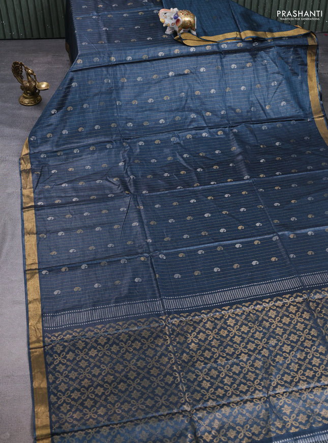 Banana silk saree peacock blue with allover silver & gold zari weaves and zari woven border