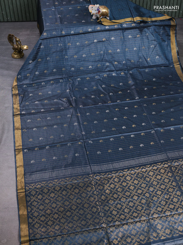 Banana silk saree peacock blue with allover silver & gold zari weaves and zari woven border