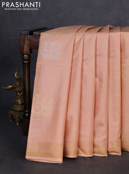Banana silk saree sandal with silver & gold zari woven paisley buttas and zari woven border