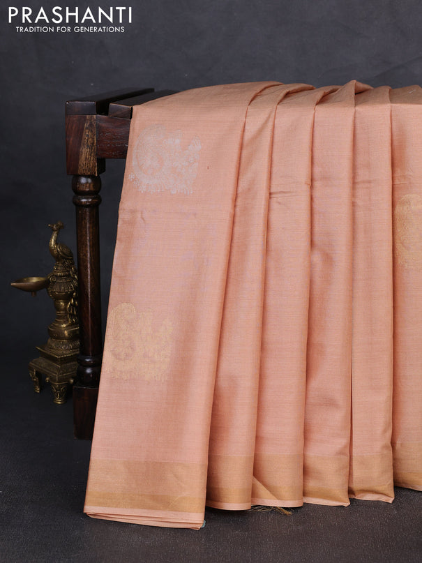 Banana silk saree sandal with silver & gold zari woven paisley buttas and zari woven border