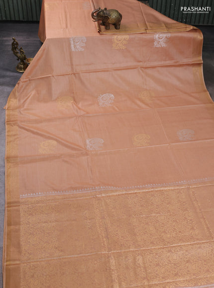 Banana silk saree sandal with silver & gold zari woven paisley buttas and zari woven border