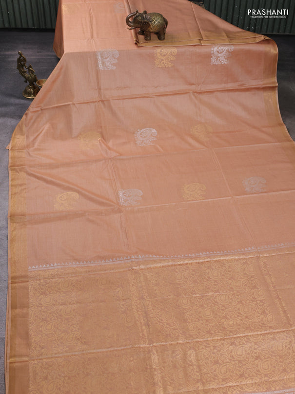 Banana silk saree sandal with silver & gold zari woven paisley buttas and zari woven border